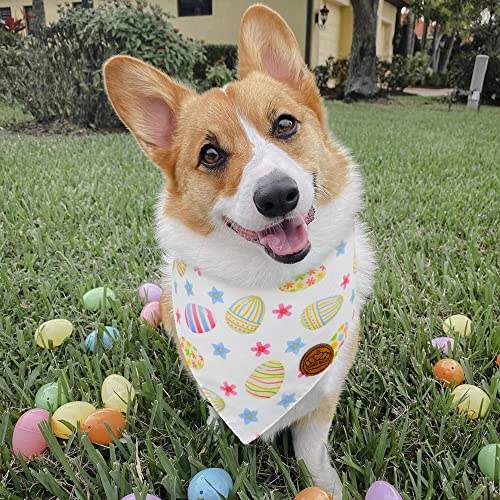 Crowned Beauty Easter Dog Bandanas Large 2 Pack, Eggs Chicks Set,Stars Plaid Adjustable Triangle Holiday Reversible Scarves for Medium Large Extra Large Dogs Pets