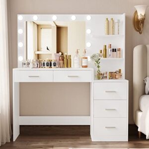rovaurx 46.7" makeup vanity table with lighted mirror, large vanity desk with storage shelf & 5 drawers, bedroom dressing table, 11 led lights, white rszt106w