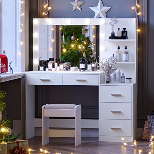 Rovaurx 46.7" Makeup Vanity Table with Lighted Mirror, Large Vanity Desk with Storage Shelf & 5 Drawers, Bedroom Dressing Table, 11 LED Lights, White RSZT106W