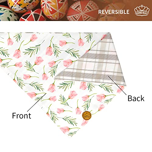 Crowned Beauty Easter Dog Bandanas Large 2 Pack, Bunnies Tulips Set, Plaid Adjustable Triangle Holiday Reversible Scarves for Medium Large Extra Large Dogs Pets