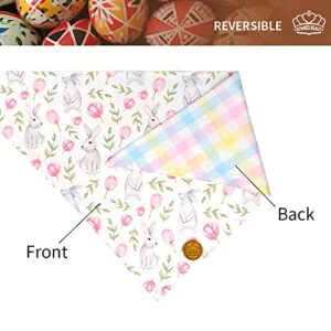 Crowned Beauty Easter Dog Bandanas Large 2 Pack, Bunnies Tulips Set, Plaid Adjustable Triangle Holiday Reversible Scarves for Medium Large Extra Large Dogs Pets