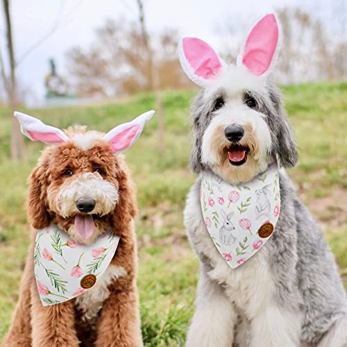 Crowned Beauty Easter Dog Bandanas Large 2 Pack, Bunnies Tulips Set, Plaid Adjustable Triangle Holiday Reversible Scarves for Medium Large Extra Large Dogs Pets