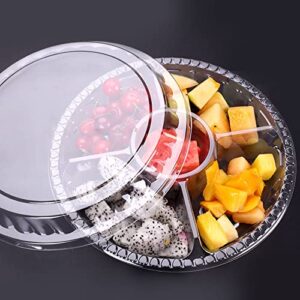 Lyellfe 30 Pack Plastic Appetizer Tray with Lid, Disposable Veggie Fruit Snack Tray with 5 Compartment, 9.5 Inch Heavy Duty Clear Round Food Container Platter for Salad, Nut, Olive, Party