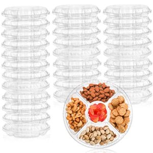 lyellfe 30 pack plastic appetizer tray with lid, disposable veggie fruit snack tray with 5 compartment, 9.5 inch heavy duty clear round food container platter for salad, nut, olive, party