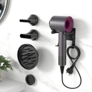 hair dryer holder for supersonic, with 4 magnet ring for attachments accessory storage, with wire organization, non-slip eva protector, black, wall mounted, adhesive/drilling