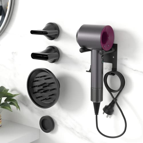 Hair Dryer Holder for Supersonic, with 4 Magnet Ring for Attachments Accessory Storage, with Wire Organization, Non-Slip Eva Protector, Black, Wall Mounted, Adhesive/Drilling