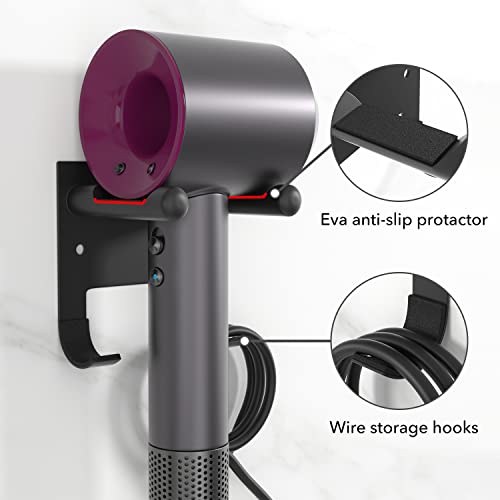 Hair Dryer Holder for Supersonic, with 4 Magnet Ring for Attachments Accessory Storage, with Wire Organization, Non-Slip Eva Protector, Black, Wall Mounted, Adhesive/Drilling