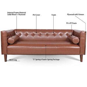 wirrytor Mid-Century Faux Leather 3 Seater Sofa, Modern Upholstered Tufted Leather Sofa Couch Furniture with 2 Bolster Pillows for Living Room Bedroom Office Apartment, Brown