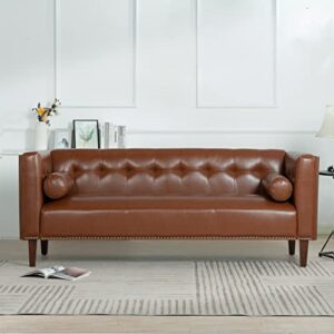 wirrytor mid-century faux leather 3 seater sofa, modern upholstered tufted leather sofa couch furniture with 2 bolster pillows for living room bedroom office apartment, brown