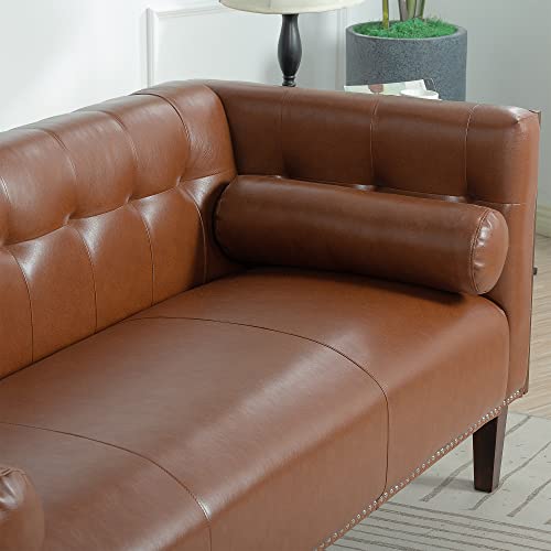 wirrytor Mid-Century Faux Leather 3 Seater Sofa, Modern Upholstered Tufted Leather Sofa Couch Furniture with 2 Bolster Pillows for Living Room Bedroom Office Apartment, Brown