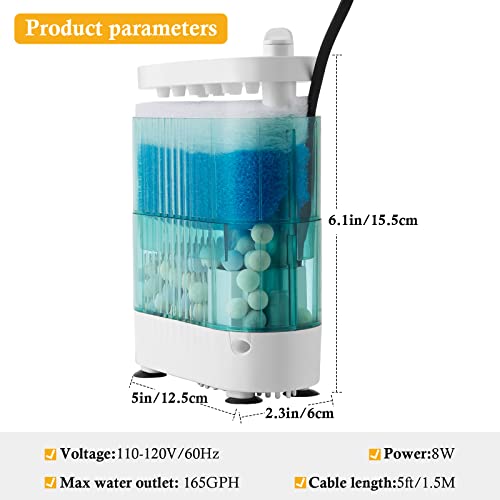 VILLNO 165GPH Internal Turtle Tank Filter: 8W Silent Aquarium Filter with Shower Outlet and Full Filter Media, Powerful Filter for Turtle or Fish