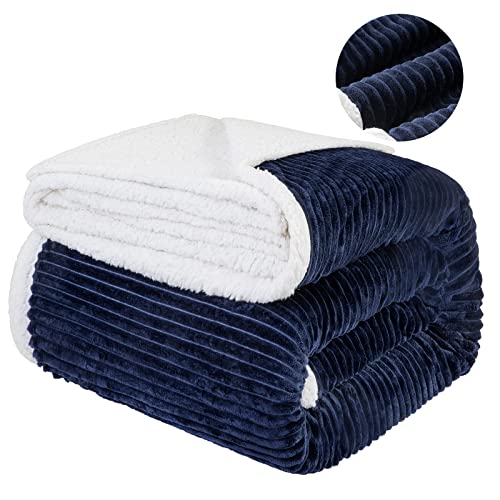 LBRO2M Striped Sherpa Fleece Bed Blanket King Size, Super Soft Fuzzy Plush Warm Cozy Fluffy Microfiber Couch Throw Velvet Double Reversible Luxurious Blankets (90x104),Navy Blue