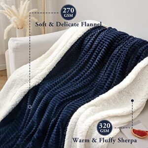 LBRO2M Striped Sherpa Fleece Bed Blanket King Size, Super Soft Fuzzy Plush Warm Cozy Fluffy Microfiber Couch Throw Velvet Double Reversible Luxurious Blankets (90x104),Navy Blue