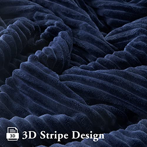 LBRO2M Striped Sherpa Fleece Bed Blanket King Size, Super Soft Fuzzy Plush Warm Cozy Fluffy Microfiber Couch Throw Velvet Double Reversible Luxurious Blankets (90x104),Navy Blue