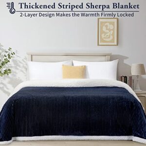 LBRO2M Striped Sherpa Fleece Bed Blanket King Size, Super Soft Fuzzy Plush Warm Cozy Fluffy Microfiber Couch Throw Velvet Double Reversible Luxurious Blankets (90x104),Navy Blue