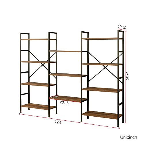 Boloni Triple Bookshelf, Bookcase with 11 Open Platforms, Large Etagere Wood Bookcase with Metal Frame for Living Room, Bedroom