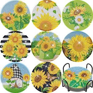 sunflower diamond painting coasters diy diamond art coaster 5d full drill diamond coaster acrylic round cup coaster with holder cork pad for summer fall thanksgiving party home decor diy crafts, 8 pcs