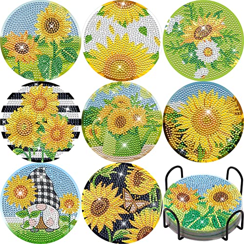 Sunflower Diamond Painting Coasters DIY Diamond Art Coaster 5D Full Drill Diamond Coaster Acrylic Round Cup Coaster with Holder Cork Pad for Summer Fall Thanksgiving Party Home Decor DIY Crafts, 8 PCS