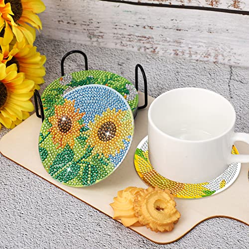 Sunflower Diamond Painting Coasters DIY Diamond Art Coaster 5D Full Drill Diamond Coaster Acrylic Round Cup Coaster with Holder Cork Pad for Summer Fall Thanksgiving Party Home Decor DIY Crafts, 8 PCS