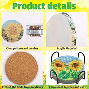 Sunflower Diamond Painting Coasters DIY Diamond Art Coaster 5D Full Drill Diamond Coaster Acrylic Round Cup Coaster with Holder Cork Pad for Summer Fall Thanksgiving Party Home Decor DIY Crafts, 8 PCS