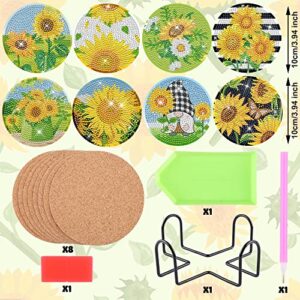 Sunflower Diamond Painting Coasters DIY Diamond Art Coaster 5D Full Drill Diamond Coaster Acrylic Round Cup Coaster with Holder Cork Pad for Summer Fall Thanksgiving Party Home Decor DIY Crafts, 8 PCS