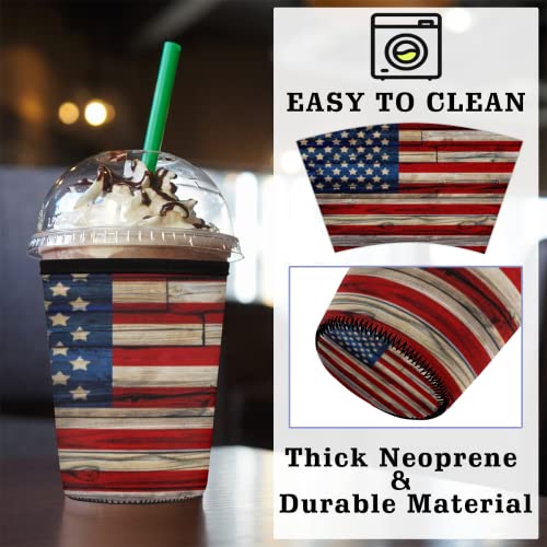 Vintage American Flag Iced Coffee Sleeve, USA Flag Reusable Neoprene Insulated Sleeves Cup Cover Holder for Cold Drinks Beverages 16oz - 18oz