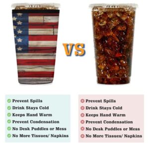 Vintage American Flag Iced Coffee Sleeve, USA Flag Reusable Neoprene Insulated Sleeves Cup Cover Holder for Cold Drinks Beverages 16oz - 18oz