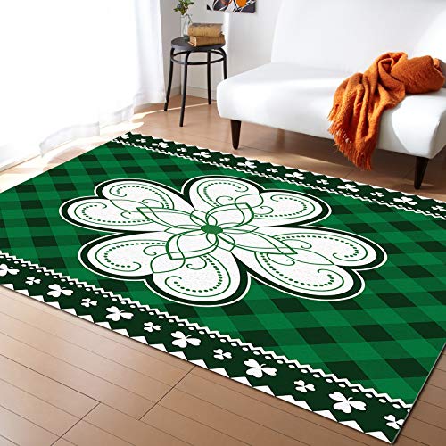 Area Rugs 2 x 3 Feet for Living Room Carpets St. Patrick's Day White Four-Leaf Clover on Green Buffalo Plaid Machine Washable Non-Slip Floor Mat for Indoor Bedroom Farmhouse Home Decor