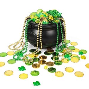 307 pcs st patrick's day black candy cauldron kettle with handle set shamrock leprechaun coin gold and green gem clover necklace lucky plastic jewelry treasure pot for saint patty's day party decor
