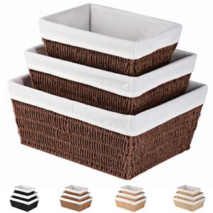 wicker storage basket, vagusicc 3-pack hand-woven wicker baskets for storage with handles, 15 inches large brown storage bins for shelves organizing pantry baskets with liners, brown