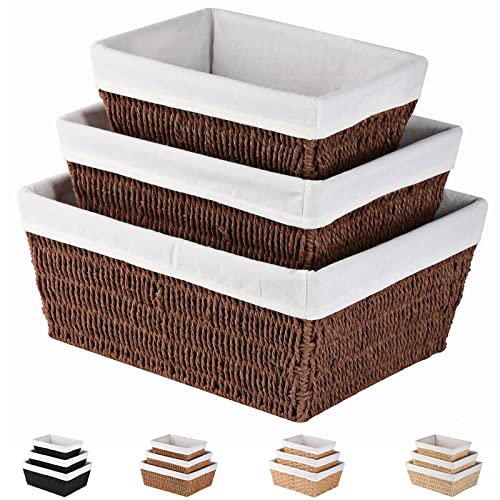 Wicker Storage Basket, Vagusicc 3-Pack Hand-Woven Wicker Baskets for Storage with Handles, 15 Inches Large Brown Storage Bins for Shelves Organizing Pantry Baskets with Liners, Brown