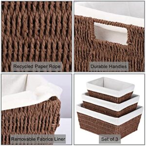 Wicker Storage Basket, Vagusicc 3-Pack Hand-Woven Wicker Baskets for Storage with Handles, 15 Inches Large Brown Storage Bins for Shelves Organizing Pantry Baskets with Liners, Brown