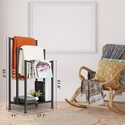 Free Standing Towel Rack, 3 Tier Metal Towel Racks Stand with Modern Black Wooden Storage Shelf, Multipurpose Hand Towel Drying Holder Stand for Bath & Blanket, Washcloths, Tub or Shower Organizer