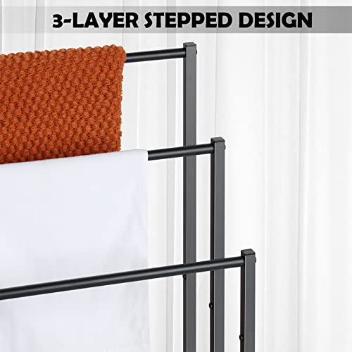 Free Standing Towel Rack, 3 Tier Metal Towel Racks Stand with Modern Black Wooden Storage Shelf, Multipurpose Hand Towel Drying Holder Stand for Bath & Blanket, Washcloths, Tub or Shower Organizer