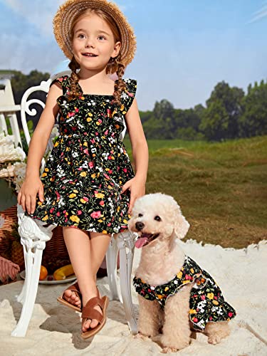 QWINEE Flower Print Dog Dress Ruffle Sleeve Puppy Princess Dress Casual Lightweight Party Vacation Dresses for Small Medium Cats Dogs Black M