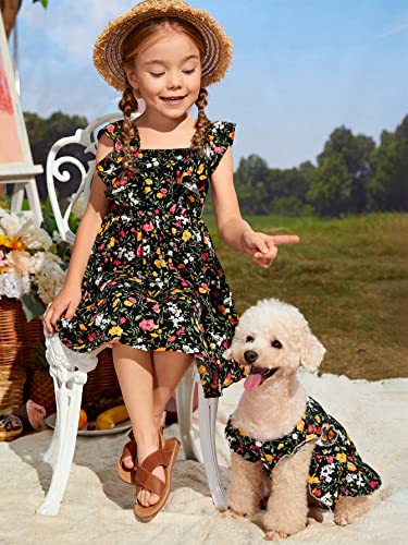 QWINEE Flower Print Dog Dress Ruffle Sleeve Puppy Princess Dress Casual Lightweight Party Vacation Dresses for Small Medium Cats Dogs Black M