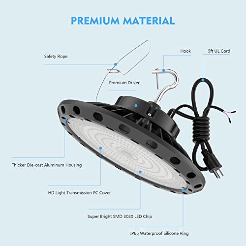 300W UFO LED High Bay Light 42000lm (Eqv.1250W MH/HPS), 5000K Daylight, 0-10V Dimmable, IP65 Waterproof, US Plug with 5ft UL Cable Commercial Lighting Fixture for Warehouse Workshop Factory Area