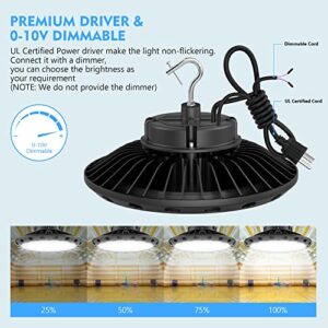 300W UFO LED High Bay Light 42000lm (Eqv.1250W MH/HPS), 5000K Daylight, 0-10V Dimmable, IP65 Waterproof, US Plug with 5ft UL Cable Commercial Lighting Fixture for Warehouse Workshop Factory Area