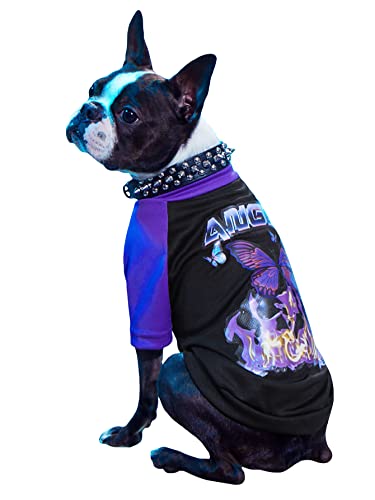 QWINEE Y2K Dog Tee Shirt Butterfly Print Colorblock Puppy T Shirt Soft Stretchy Shirts Pet Apparel for Small Medium Cats Dogs Black L