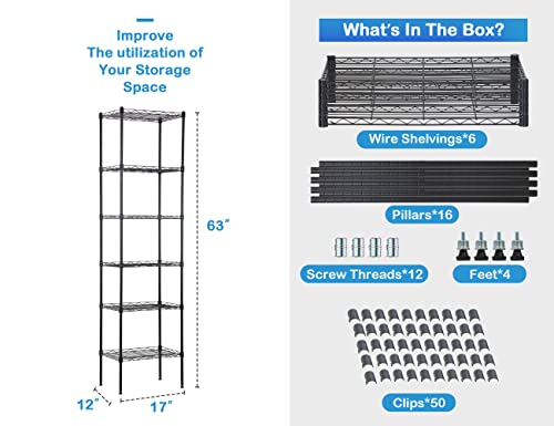 BIQWBIC 6 Tier Storage Shelf Wire Shelving Unit, Adjustable Shelves Standing Metal Storage Rack for Kitchen Pantry Closet, Steel Storage Shelves Display Organizer Rack, 17" Lx12 Wx63 H, Black