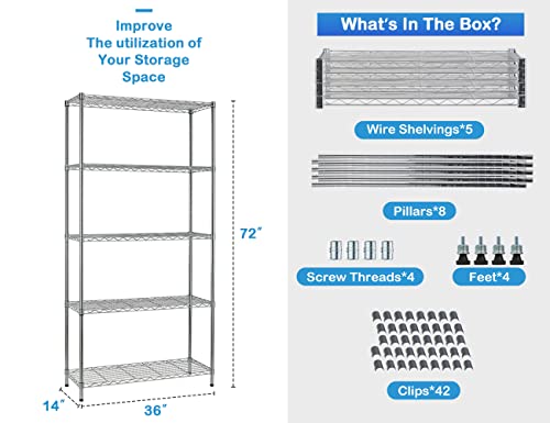 BIQWBIC 5 Tier Wire Shelving Unit Storage Rack, Metal Adjustable Storage Shelves for Bathroom Laundry Room, Wire Standing Storage Shelf Units, 36" Lx14 Wx72 H, 1250 Lbs Capacity, Chrome