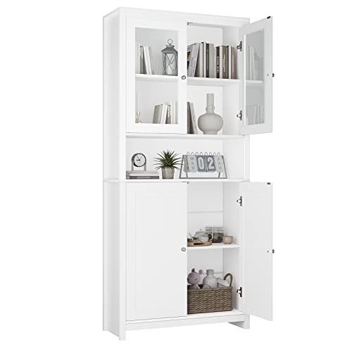 BOTLOG 75" Tall Storage Cabinet, Bathroom Storage Cabinet with Glass Doors and Shelves, Kitchen Pantry Cabinet for Living Room, Bedroom, Freestanding, White