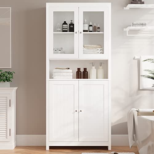 BOTLOG 75" Tall Storage Cabinet, Bathroom Storage Cabinet with Glass Doors and Shelves, Kitchen Pantry Cabinet for Living Room, Bedroom, Freestanding, White