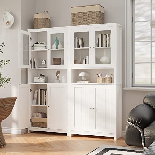 BOTLOG 75" Tall Storage Cabinet, Bathroom Storage Cabinet with Glass Doors and Shelves, Kitchen Pantry Cabinet for Living Room, Bedroom, Freestanding, White