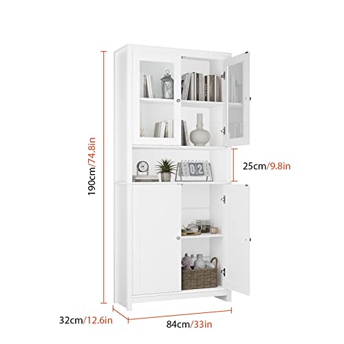 BOTLOG 75" Tall Storage Cabinet, Bathroom Storage Cabinet with Glass Doors and Shelves, Kitchen Pantry Cabinet for Living Room, Bedroom, Freestanding, White