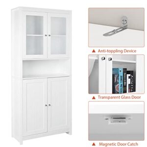 BOTLOG 75" Tall Storage Cabinet, Bathroom Storage Cabinet with Glass Doors and Shelves, Kitchen Pantry Cabinet for Living Room, Bedroom, Freestanding, White
