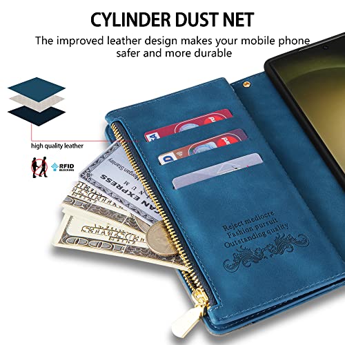 Neiye Compatible with Samsung Galaxy S23 Ultra Wallet Case with RFID Blocking Zipper Card Slots Stand Protective Flip Splicing PU Leather Phone Cover for S23 Ultra Case Wallet(6.8 inch-Blue)