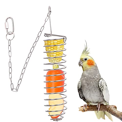 ACSUZ Bird Feeder Pole Parrots Foraging Toys for Birdcage Spiral Metal Bird Food Holder with Hook Stainless Steel
