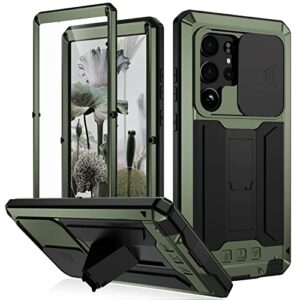 fw samsung galaxy s23 ultra metal case with slide camera cover built in screen protector full body hybrid s23 ultra case metal kickstand military heavy duty armor silicone case for man woman (green)