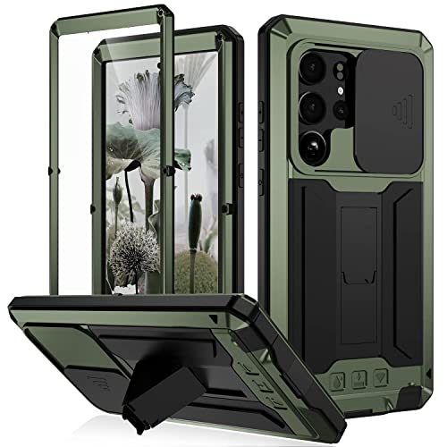 FW Samsung Galaxy S23 Ultra Metal Case with Slide Camera Cover Built in Screen Protector Full Body Hybrid S23 Ultra Case Metal Kickstand Military Heavy Duty Armor Silicone Case for Man Woman (Green)